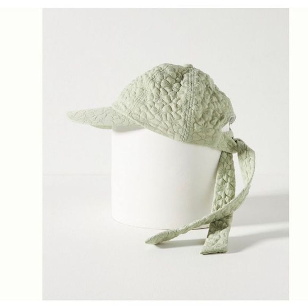 Anthropologie X San Diego Hat Co Green Embroidered Floral Baseball Cap Tie Back